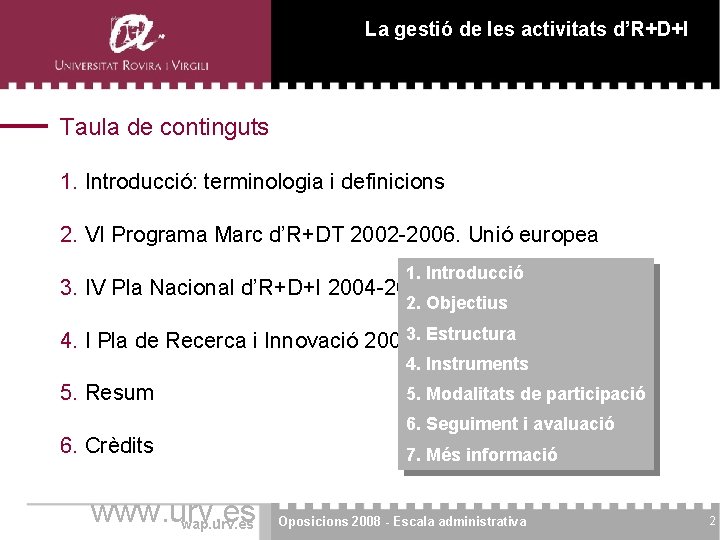 La gestió de les activitats d’R+D+I Taula de continguts 1. Introducció: terminologia i definicions