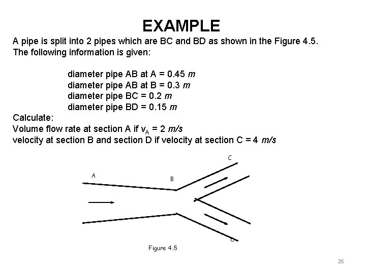 EXAMPLE A pipe is split into 2 pipes which are BC and BD as