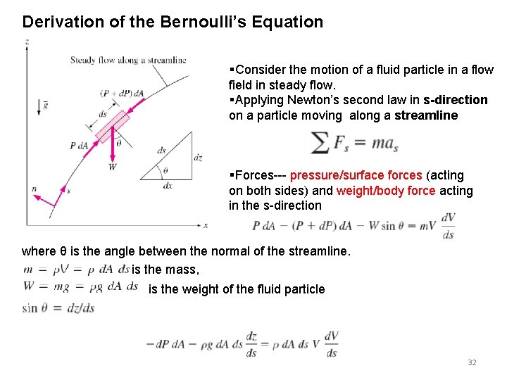 Derivation of the Bernoulli’s Equation §Consider the motion of a fluid particle in a