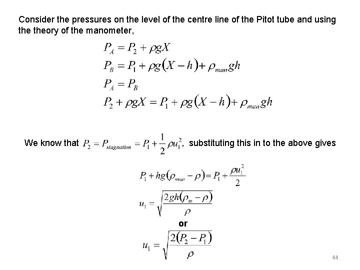 Consider the pressures on the level of the centre line of the Pitot tube