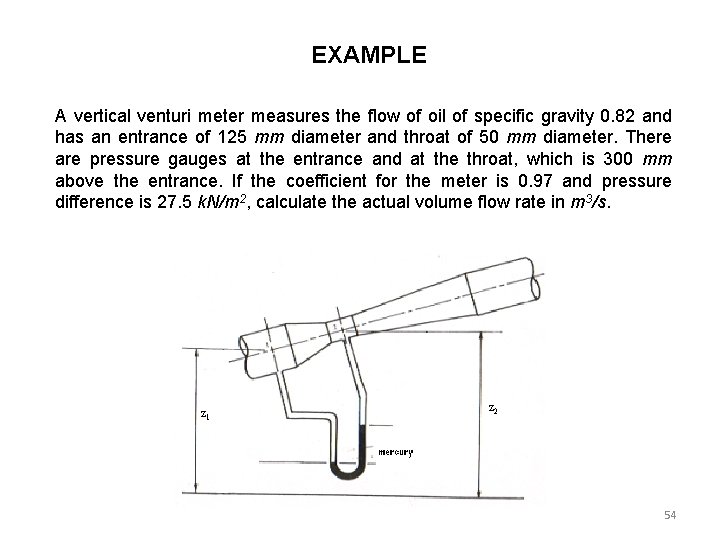 EXAMPLE A vertical venturi meter measures the flow of oil of specific gravity 0.
