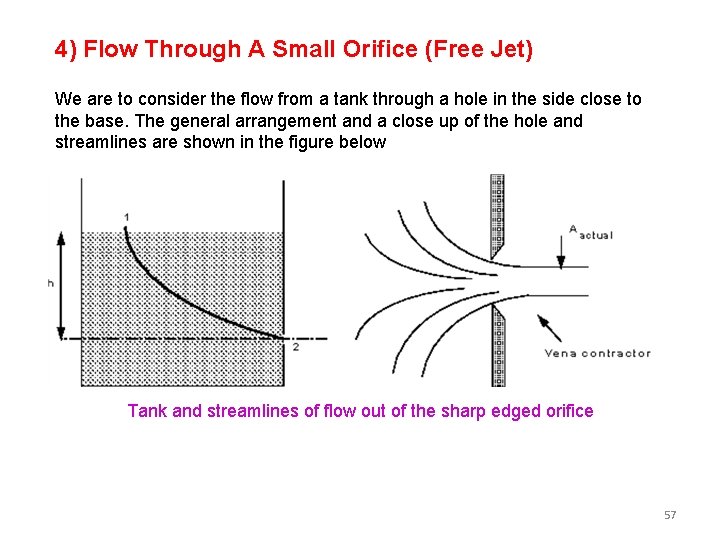 4) Flow Through A Small Orifice (Free Jet) We are to consider the flow