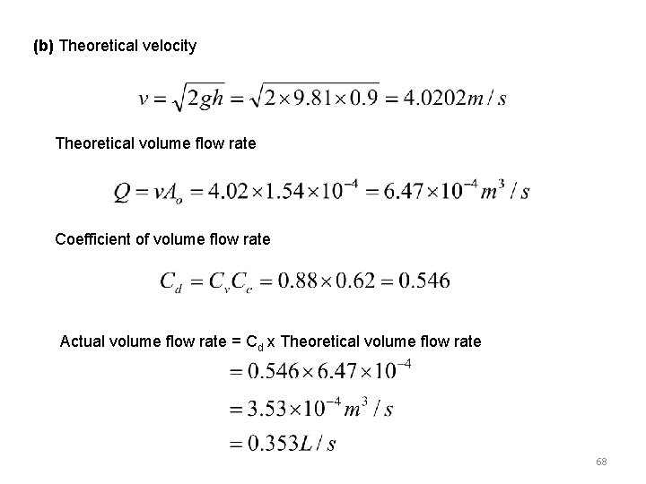 (b) Theoretical velocity Theoretical volume flow rate Coefficient of volume flow rate Actual volume