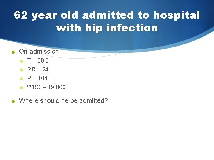 62 year old admitted to hospital with hip infection S On admission S T
