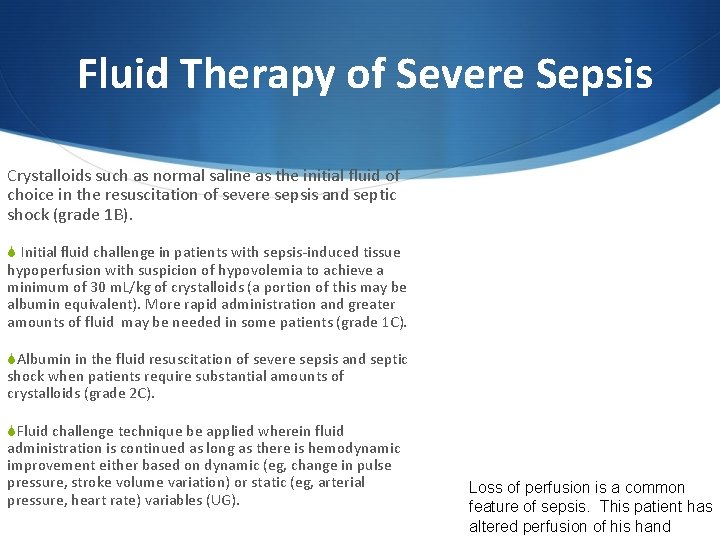 Fluid Therapy of Severe Sepsis Crystalloids such as normal saline as the initial fluid