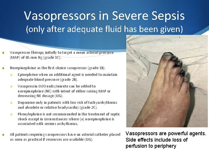 Vasopressors in Severe Sepsis (only after adequate fluid has been given) S Vasopressor therapy