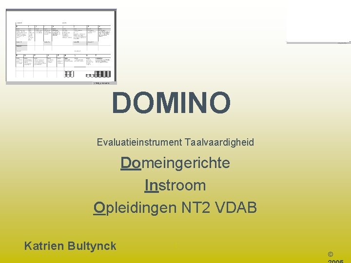 DOMINO Evaluatieinstrument Taalvaardigheid Domeingerichte Instroom Opleidingen NT 2 VDAB Katrien Bultynck 1 © 