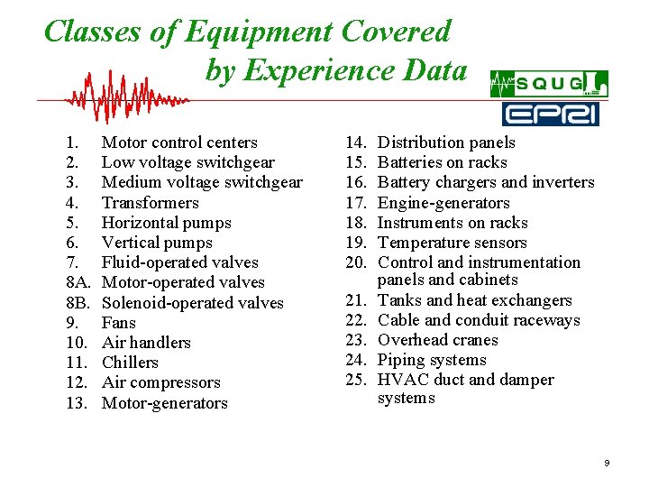 Classes of Equipment Covered by Experience Data 1. 2. 3. 4. 5. 6. 7.