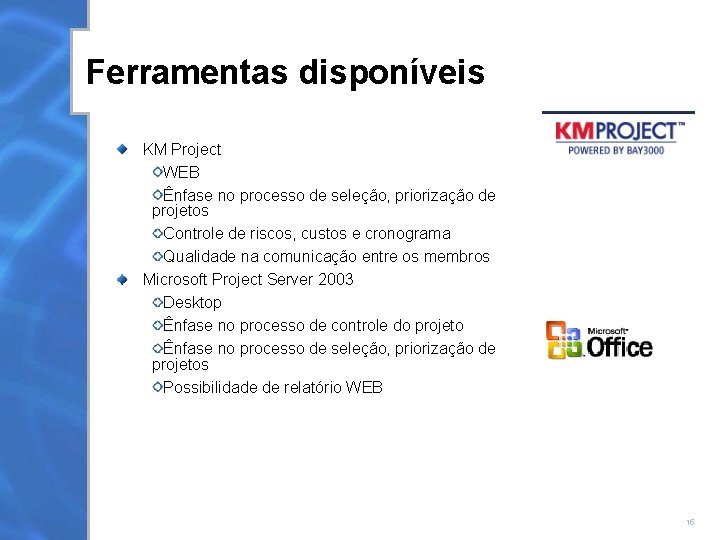 Ferramentas disponíveis KM Project WEB Ênfase no processo de seleção, priorização de projetos Controle