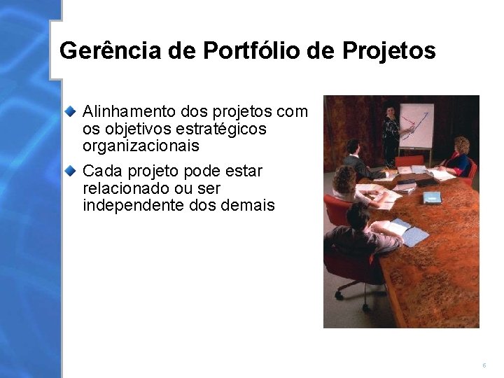 Gerência de Portfólio de Projetos Alinhamento dos projetos com os objetivos estratégicos organizacionais Cada