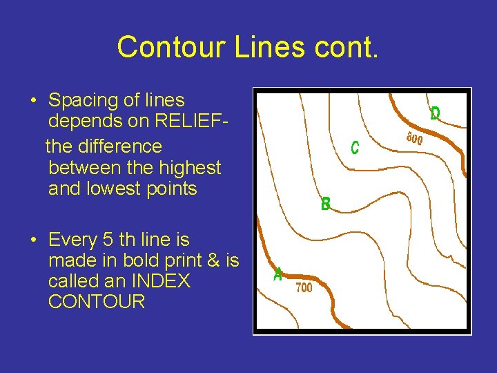 Contour Lines cont. • Spacing of lines depends on RELIEFthe difference between the highest