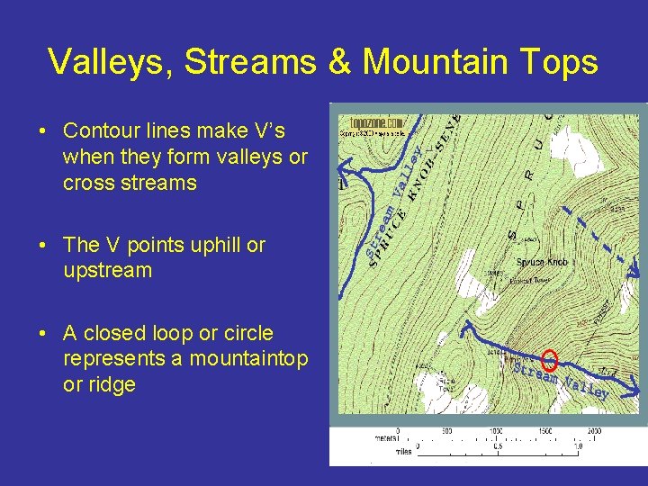 Valleys, Streams & Mountain Tops • Contour lines make V’s when they form valleys