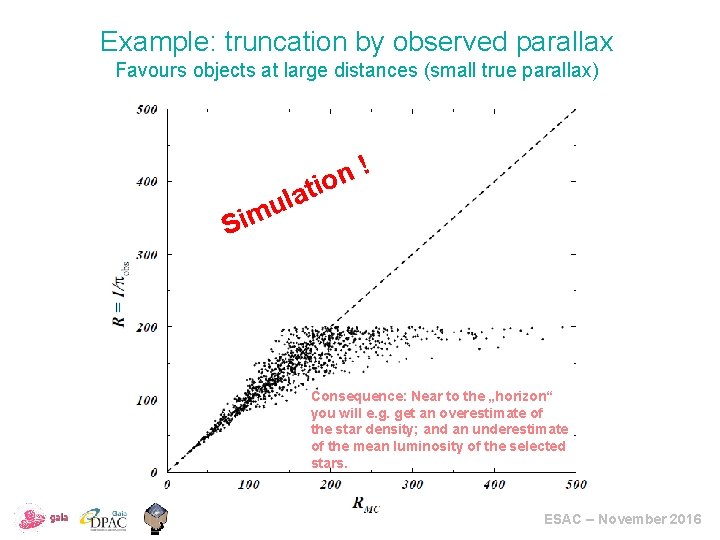 Example: truncation by observed parallax Favours objects at large distances (small true parallax) !