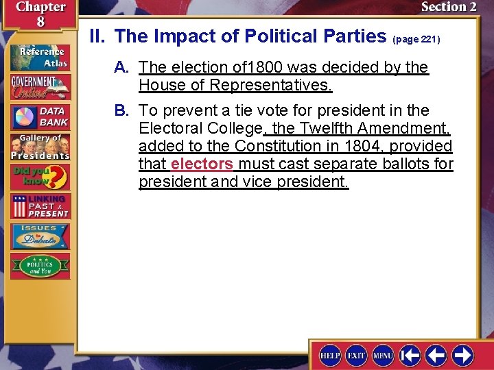 II. The Impact of Political Parties (page 221) A. The election of 1800 was