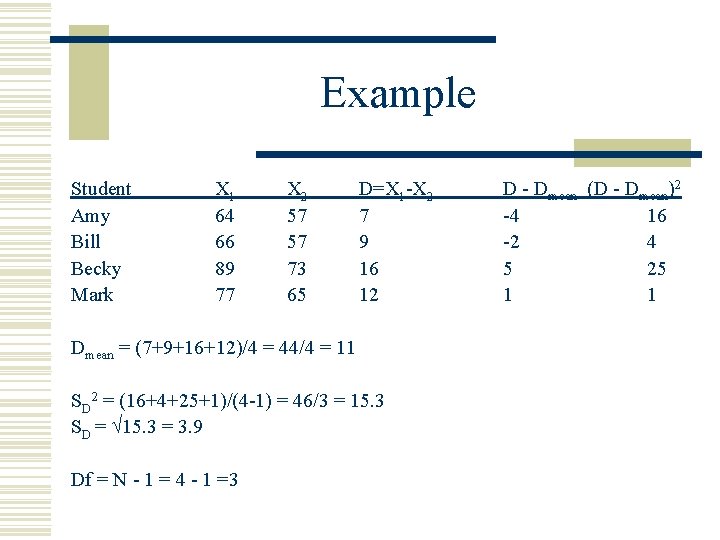 Example Student X 1 X 2 D=X 1 -X 2 Amy 64 57 7