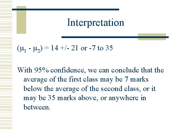 Interpretation ( 1 - 2) = 14 +/- 21 or -7 to 35 With