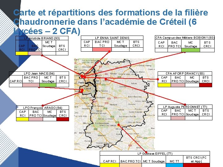 Carte et répartitions des formations de la filière Chaudronnerie dans l’académie de Créteil (6