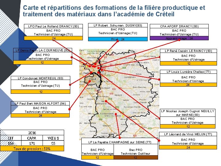 Carte et répartitions des formations de la filière productique et traitement des matériaux dans