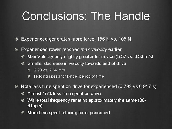 Conclusions: The Handle Experienced generates more force: 156 N vs. 105 N Experienced rower Conclusions: The Handle Experienced generates more force: 156 N vs. 105 N Experienced rower