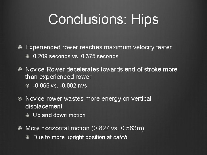 Conclusions: Hips Experienced rower reaches maximum velocity faster 0. 209 seconds vs. 0. 375 Conclusions: Hips Experienced rower reaches maximum velocity faster 0. 209 seconds vs. 0. 375