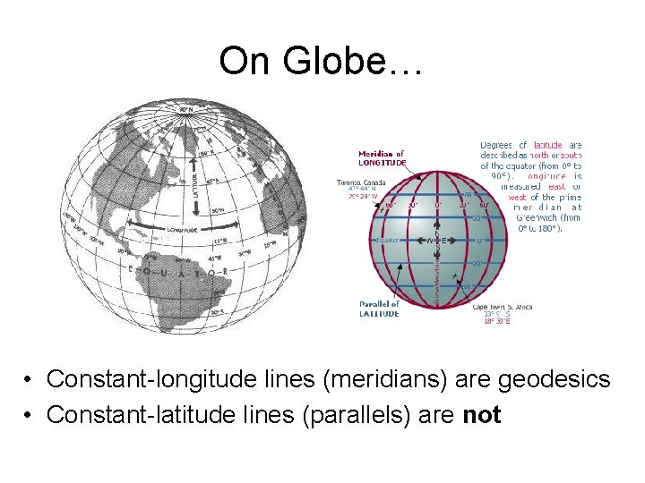 On Globe… • Constant-longitude lines (meridians) are geodesics • Constant-latitude lines (parallels) are not