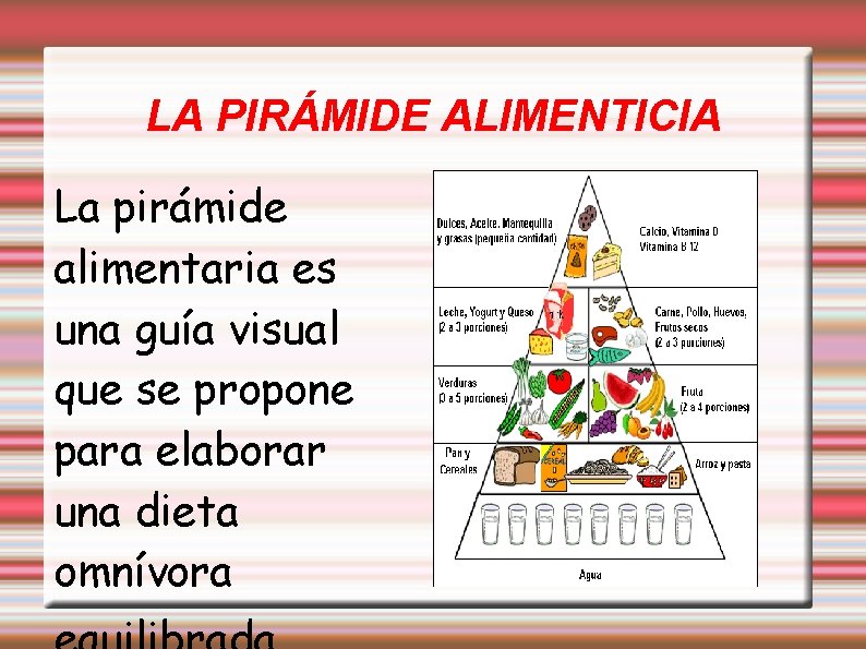 LA PIRÁMIDE ALIMENTICIA La pirámide alimentaria es una guía visual que se propone para