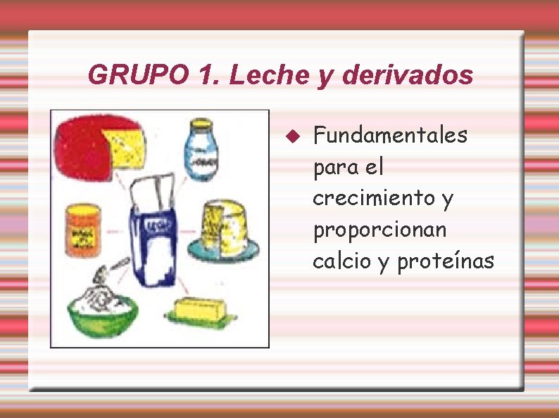 GRUPO 1. Leche y derivados Fundamentales para el crecimiento y proporcionan calcio y proteínas