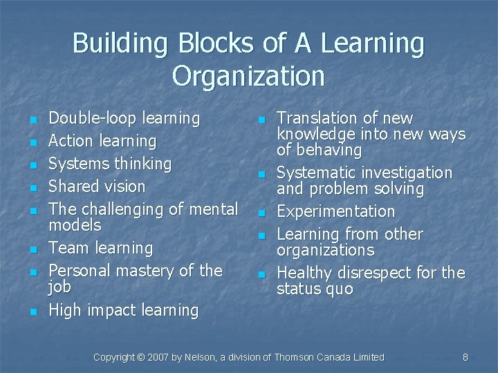 Building Blocks of A Learning Organization n n n n Double-loop learning Action learning