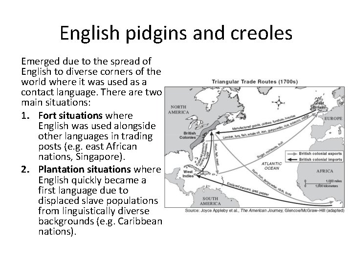 English pidgins and creoles Emerged due to the spread of English to diverse corners