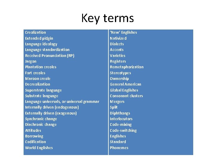 Key terms Creolization Extended pidgin Language ideology Language standardization Received Pronunciation (RP) Jargon Plantation