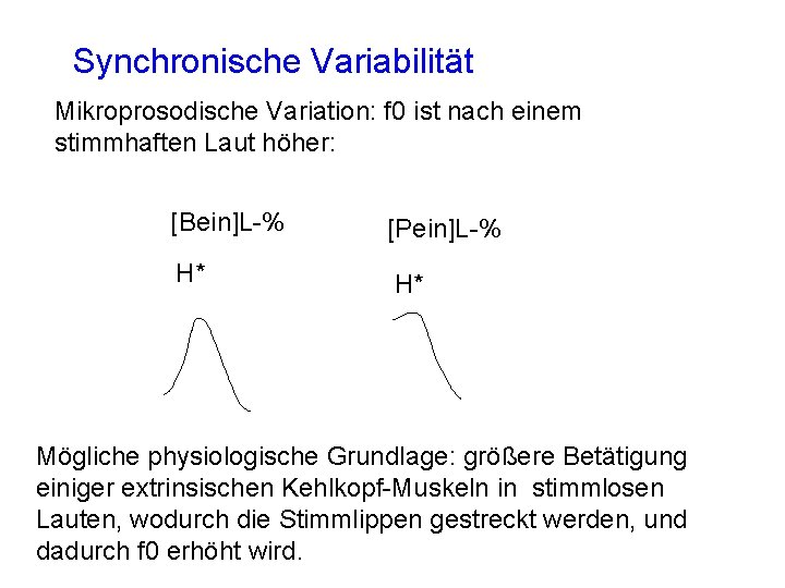 Synchronische Variabilität Mikroprosodische Variation: f 0 ist nach einem stimmhaften Laut höher: [Bein]L-% [Pein]L-%