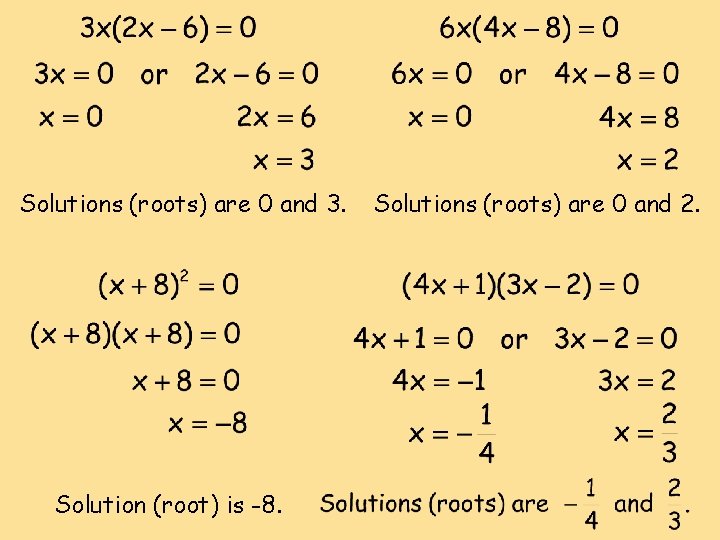 Solutions (roots) are 0 and 3. Solution (root) is -8. Solutions (roots) are 0 Solutions (roots) are 0 and 3. Solution (root) is -8. Solutions (roots) are 0