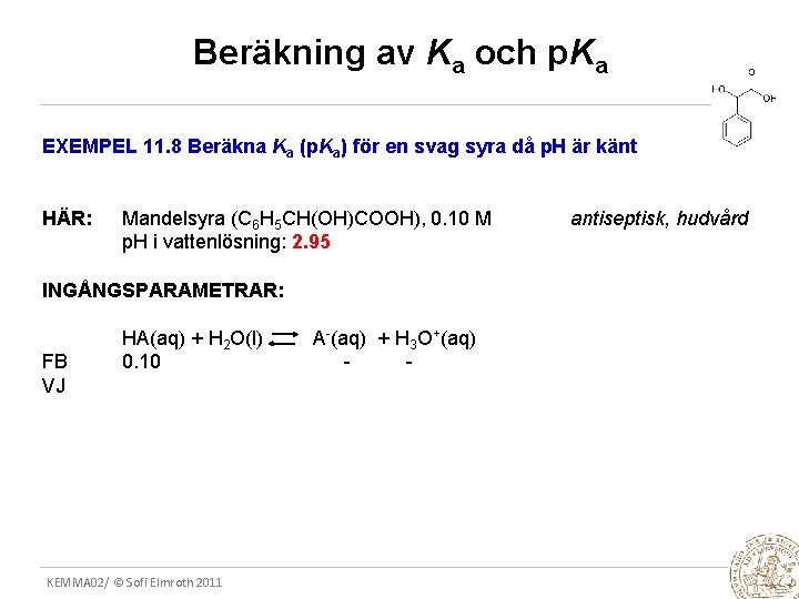 Beräkning av Ka och p. Ka EXEMPEL 11. 8 Beräkna Ka (p. Ka) för