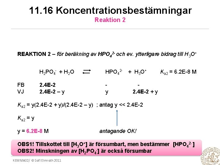 11. 16 Koncentrationsbestämningar Reaktion 2 REAKTION 2 – för beräkning av HPO 42 -