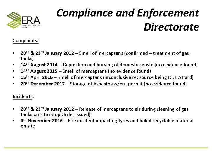 Compliance and Enforcement Directorate Complaints: • • • 20 th & 23 rd January