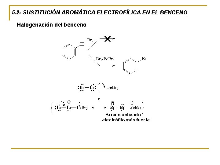 5. 2 - SUSTITUCIÓN AROMÁTICA ELECTROFÍLICA EN EL BENCENO Halogenación del benceno 