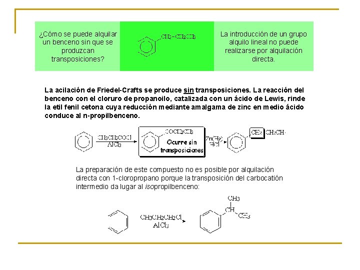 ¿Cómo se puede alquilar un benceno sin que se produzcan transposiciones? La introducción de