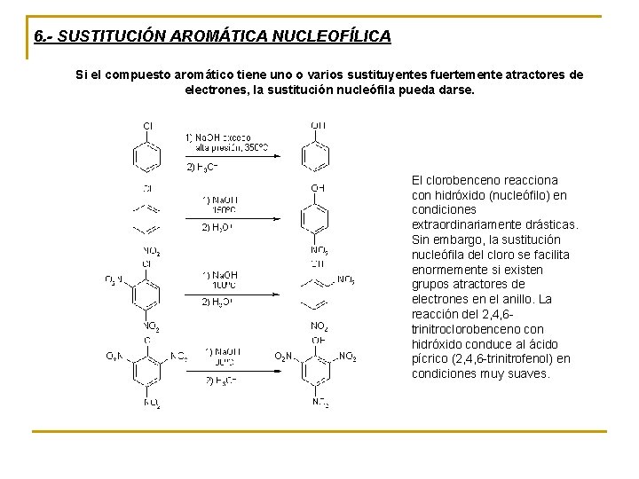 6. - SUSTITUCIÓN AROMÁTICA NUCLEOFÍLICA Si el compuesto aromático tiene uno o varios sustituyentes