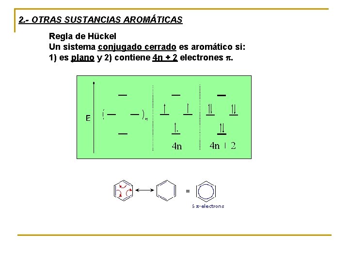 2. - OTRAS SUSTANCIAS AROMÁTICAS Regla de Hückel Un sistema conjugado cerrado es aromático