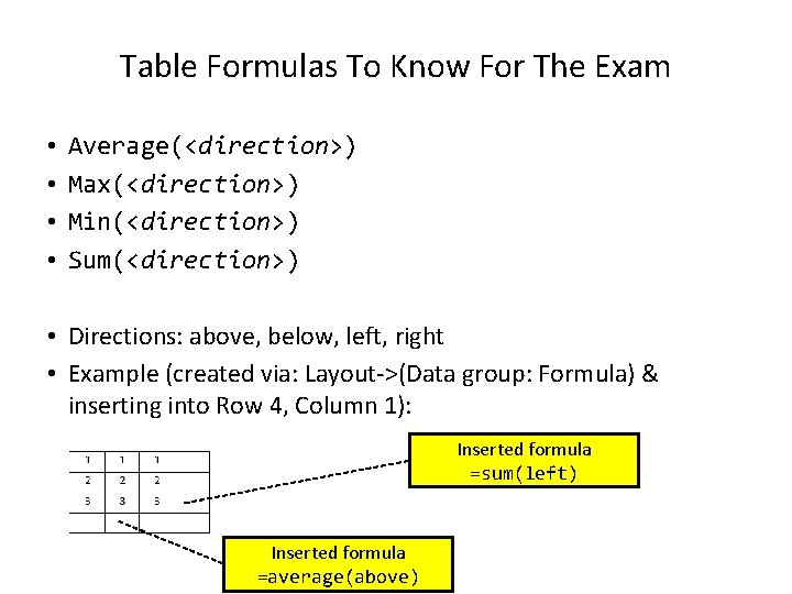 Table Formulas To Know For The Exam • • Average(<direction>) Max(<direction>) Min(<direction>) Sum(<direction>) •