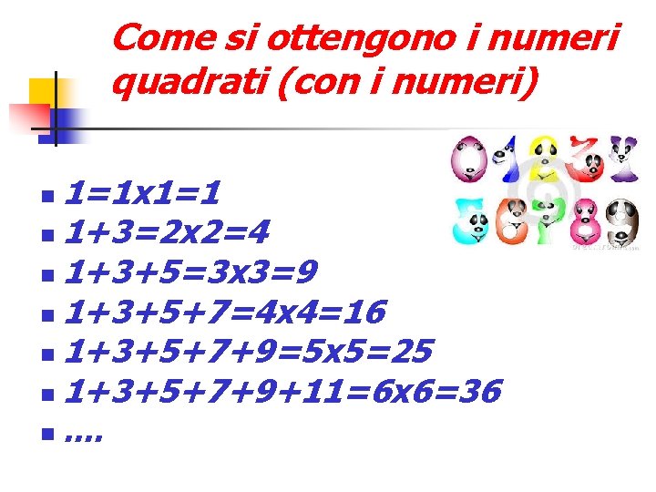 Come si ottengono i numeri quadrati (con i numeri) 1=1 x 1=1 1+3=2 x