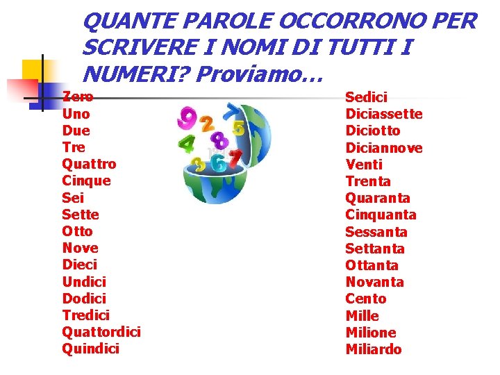 QUANTE PAROLE OCCORRONO PER SCRIVERE I NOMI DI TUTTI I NUMERI? Proviamo… Zero Uno