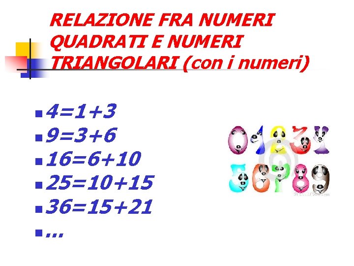 RELAZIONE FRA NUMERI QUADRATI E NUMERI TRIANGOLARI (con i numeri) 4=1+3 9=3+6 16=6+10 25=10+15