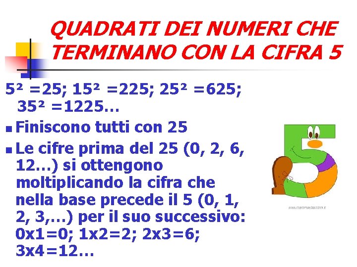 QUADRATI DEI NUMERI CHE TERMINANO CON LA CIFRA 5 5² =25; 15² =225; 25²