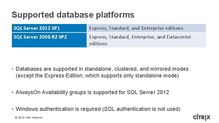 Supported database platforms SQL Server 2012 SP 1 Express, Standard, and Enterprise editions SQL