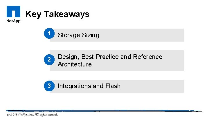 Key Takeaways 1 Storage Sizing 2 Design, Best Practice and Reference Architecture 3 Integrations