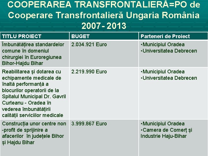 COOPERAREA TRANSFRONTALIERĂ=PO de Cooperare Transfrontalieră Ungaria România 2007 - 2013 TITLU PROIECT BUGET Parteneri