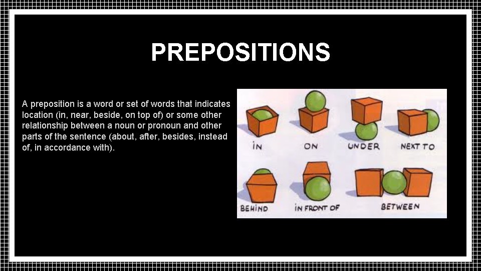 PREPOSITIONS A preposition is a word or set of words that indicates location (in,