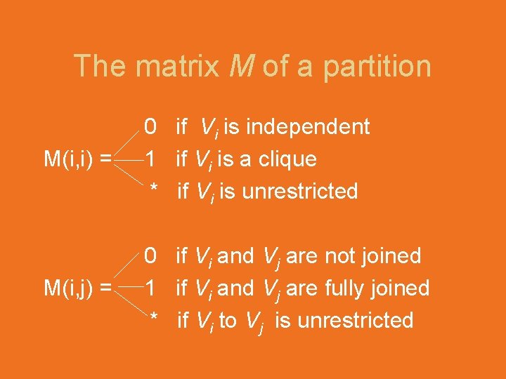 The matrix M of a partition M(i, i) = 0 if Vi is independent