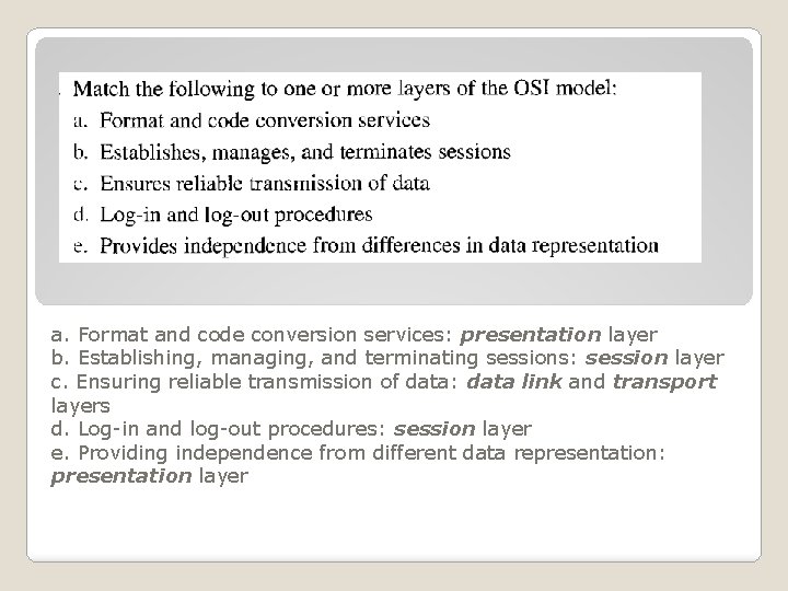 a. Format and code conversion services: presentation layer b. Establishing, managing, and terminating sessions: a. Format and code conversion services: presentation layer b. Establishing, managing, and terminating sessions: